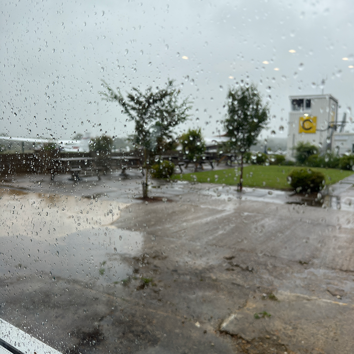 Elstree Tower and airfield in the rain