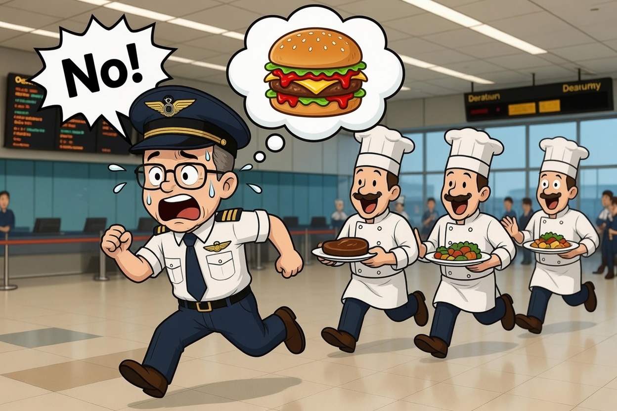 Cartoon of Wayne in pilot uniform running away in a panic shouting No, dreaming of a burger, chased by three chefs holding plates of food.