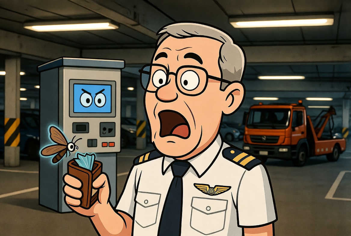 Cartoon of Wayne horrified at an angry-faced car park payment machine, a moth flying out of his empty wallet, a tow truck lurking behind.