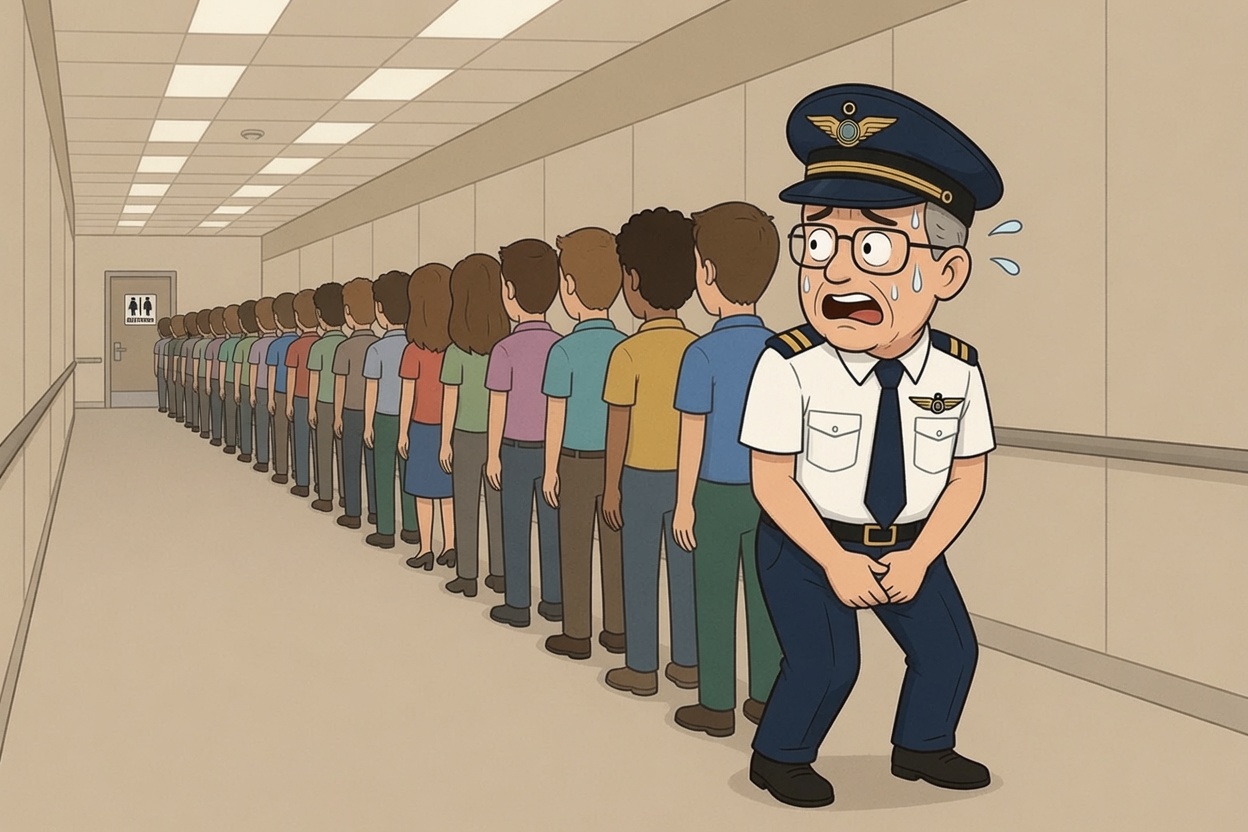 Cartoon of Wayne in pilot uniform desperate and cross-legged at the back of a huge toilet queue stretching down an airport corridor.