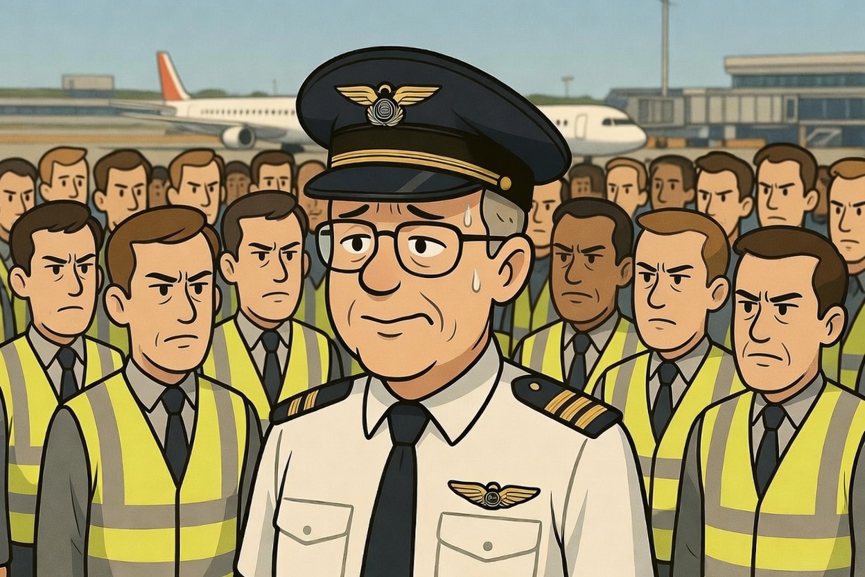 Cartoon of Wayne in pilot uniform looking sheepish, surrounded by a serious crowd of airport workers all in yellow hi-viz vests.