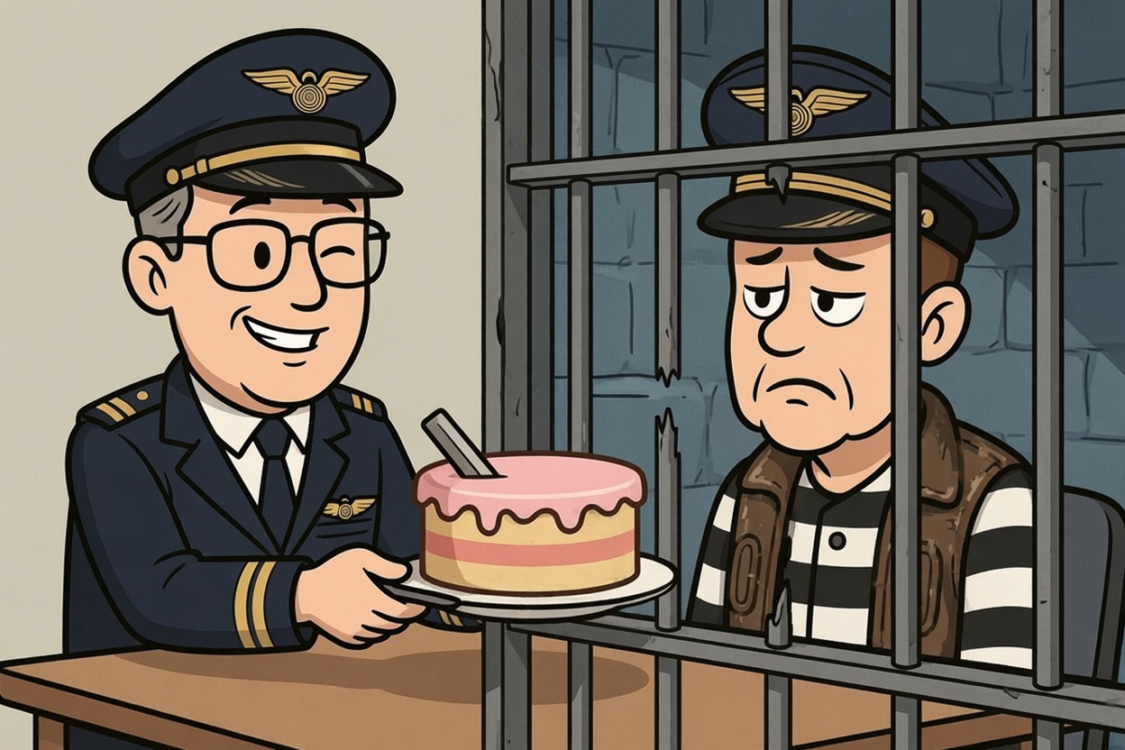 Cartoon of Wayne in pilot uniform sliding an iced cake with a file poking out of it across a table to a glum pilot behind prison bars.