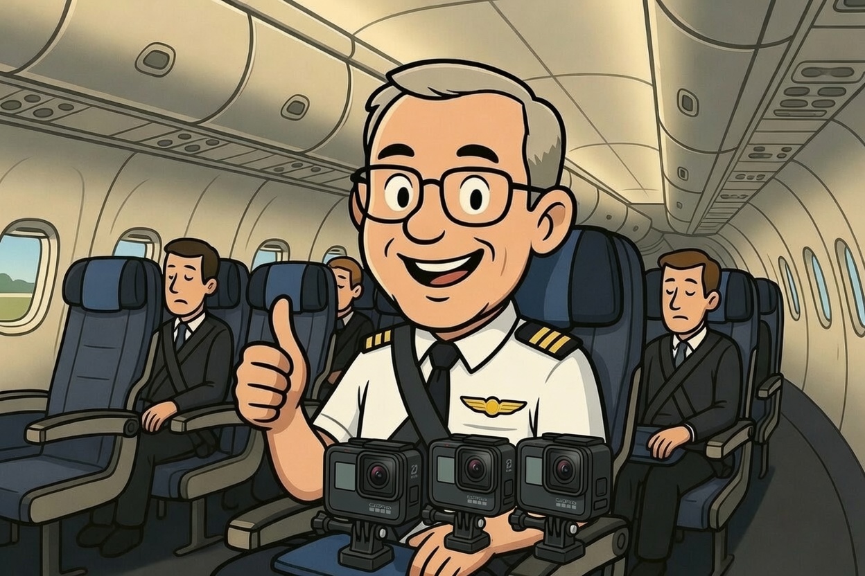 Cartoon of Wayne in a pilot's uniform grinning and giving a thumbs up from a passenger seat on an airliner, clutching three GoPro cameras.