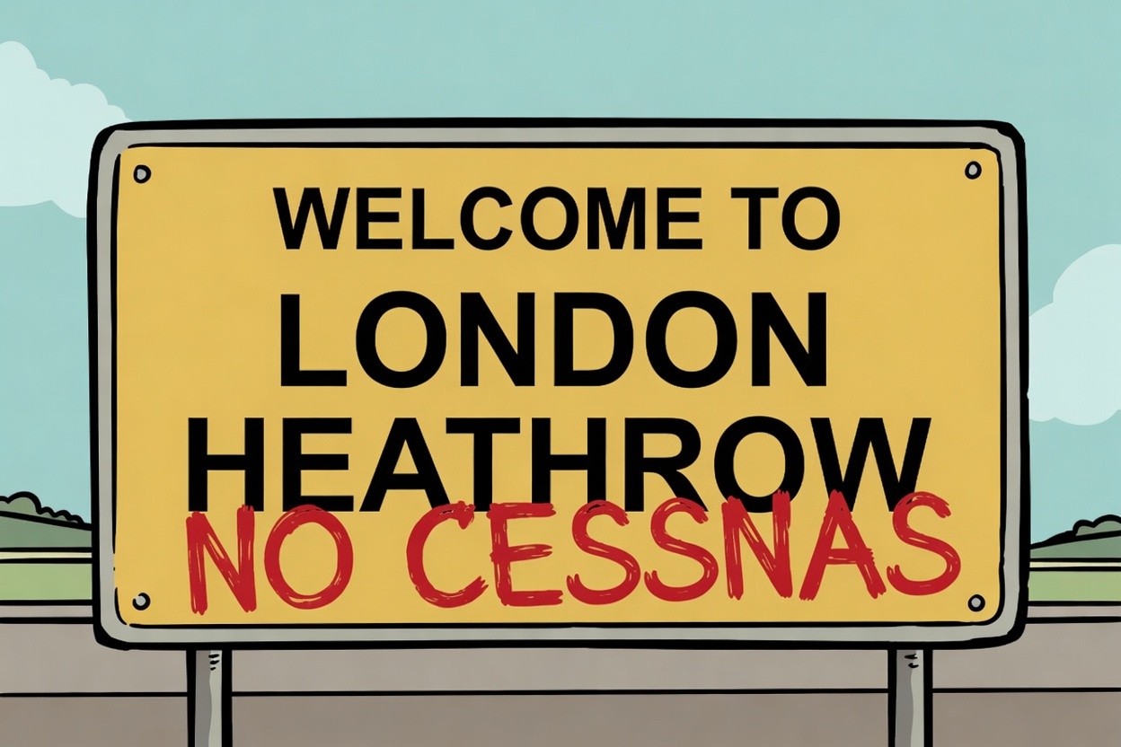 Cartoon road sign reading Welcome to London Heathrow with No Cessnas scrawled underneath in red.