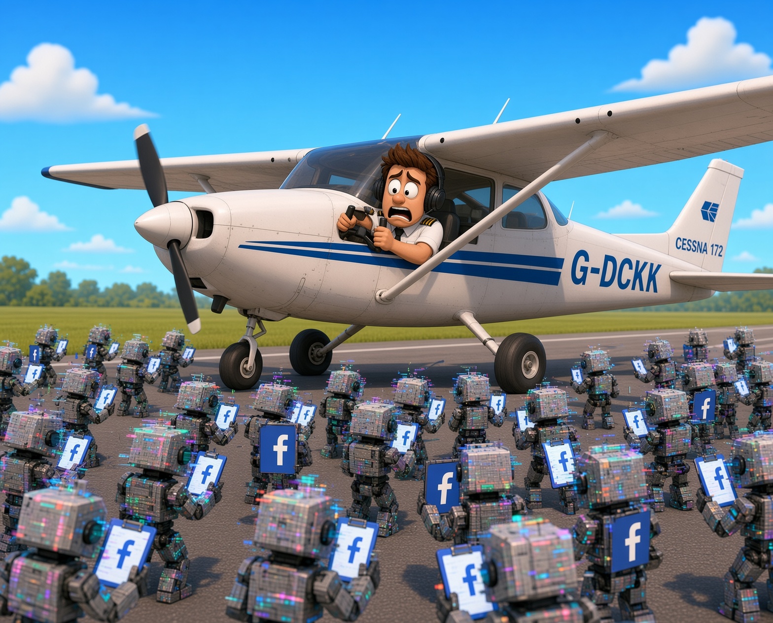 A cartoon Cessna blocked from landing by AI generated facebook Bots