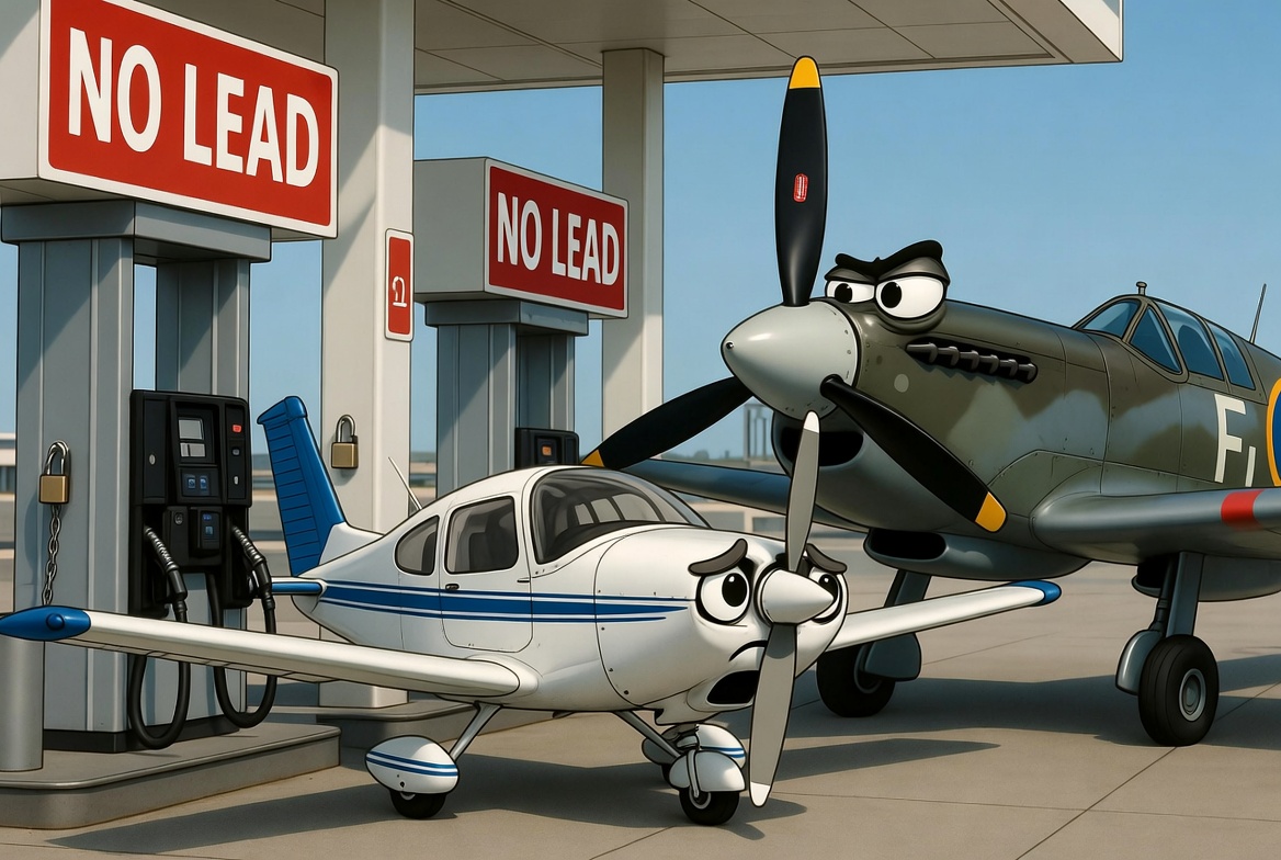 Cartoon Spitfire scowling beside a worried light aircraft at a padlocked fuel pump under two red NO LEAD signs.