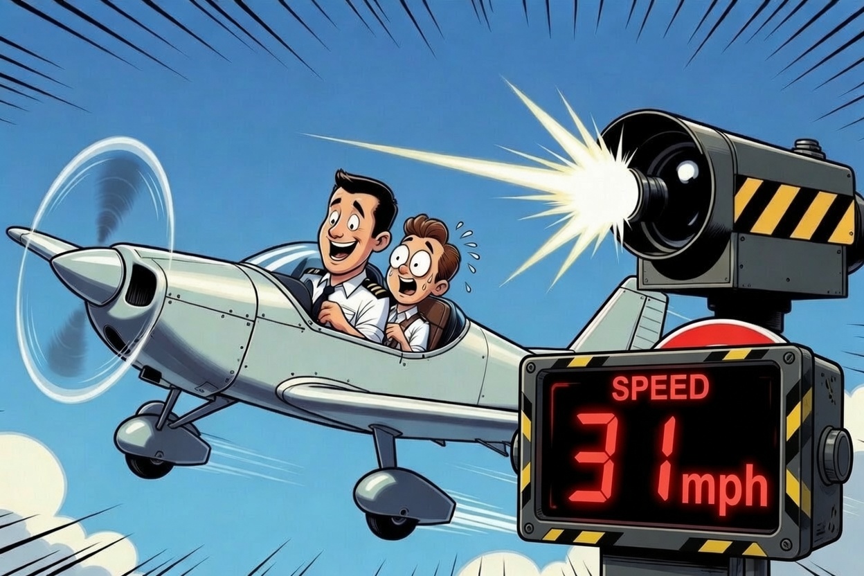 Cartoon light aircraft caught by a roadside speed camera flashing 31mph, with two startled pilots