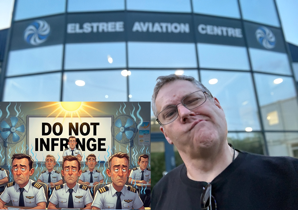 Wayne outside the Elstree Aviation Centre with an inset cartoon of sweating pilots beneath a DO NOT INFRINGE whiteboard