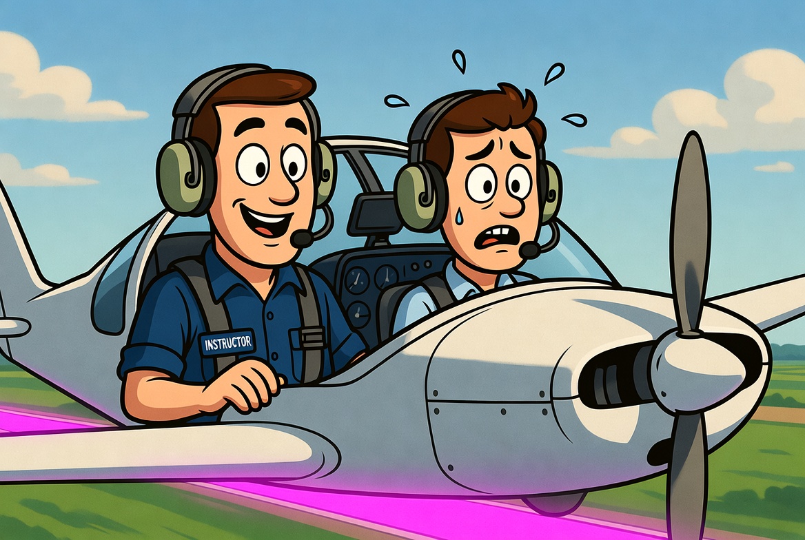 Cartoon flight instructor grinning as his nervous student watches their aircraft cross a magenta airspace line