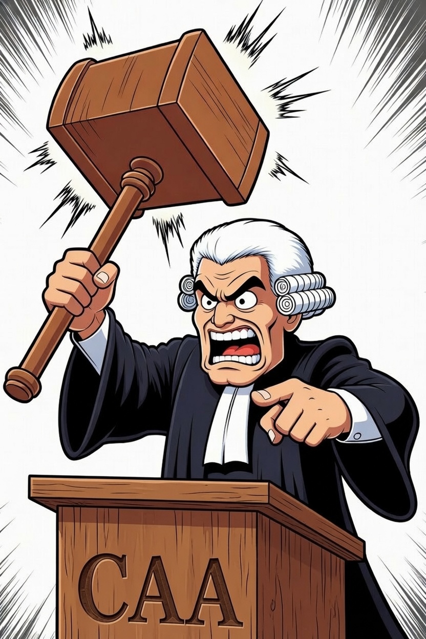 Cartoon judge in a wig slamming a gavel at a podium marked CAA while pointing angrily