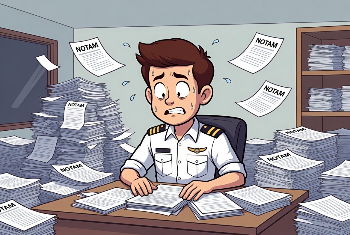 Cartoon pilot at a desk swamped by towering stacks of NOTAM printouts, looking overwhelmed