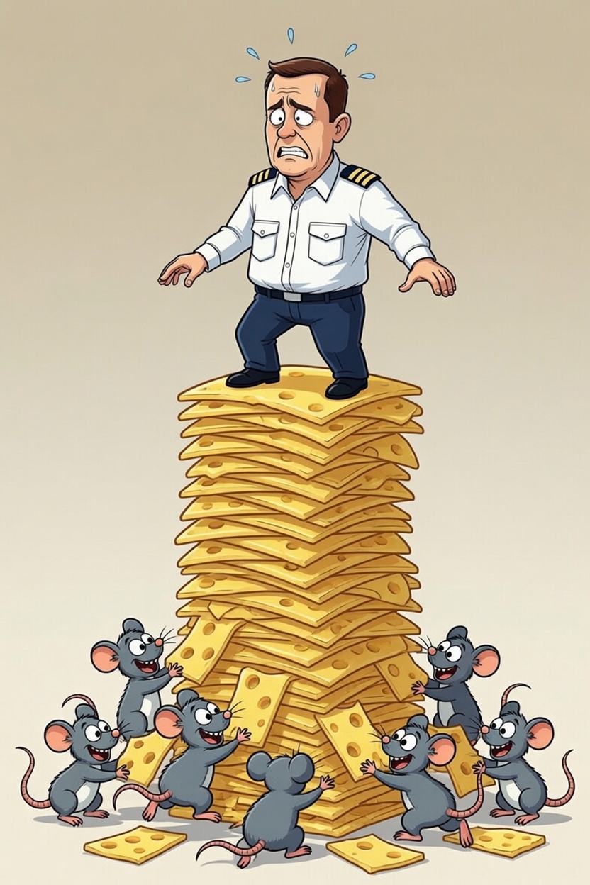 Cartoon pilot balancing on a tall stack of Swiss cheese slices as mice nibble the holes below
