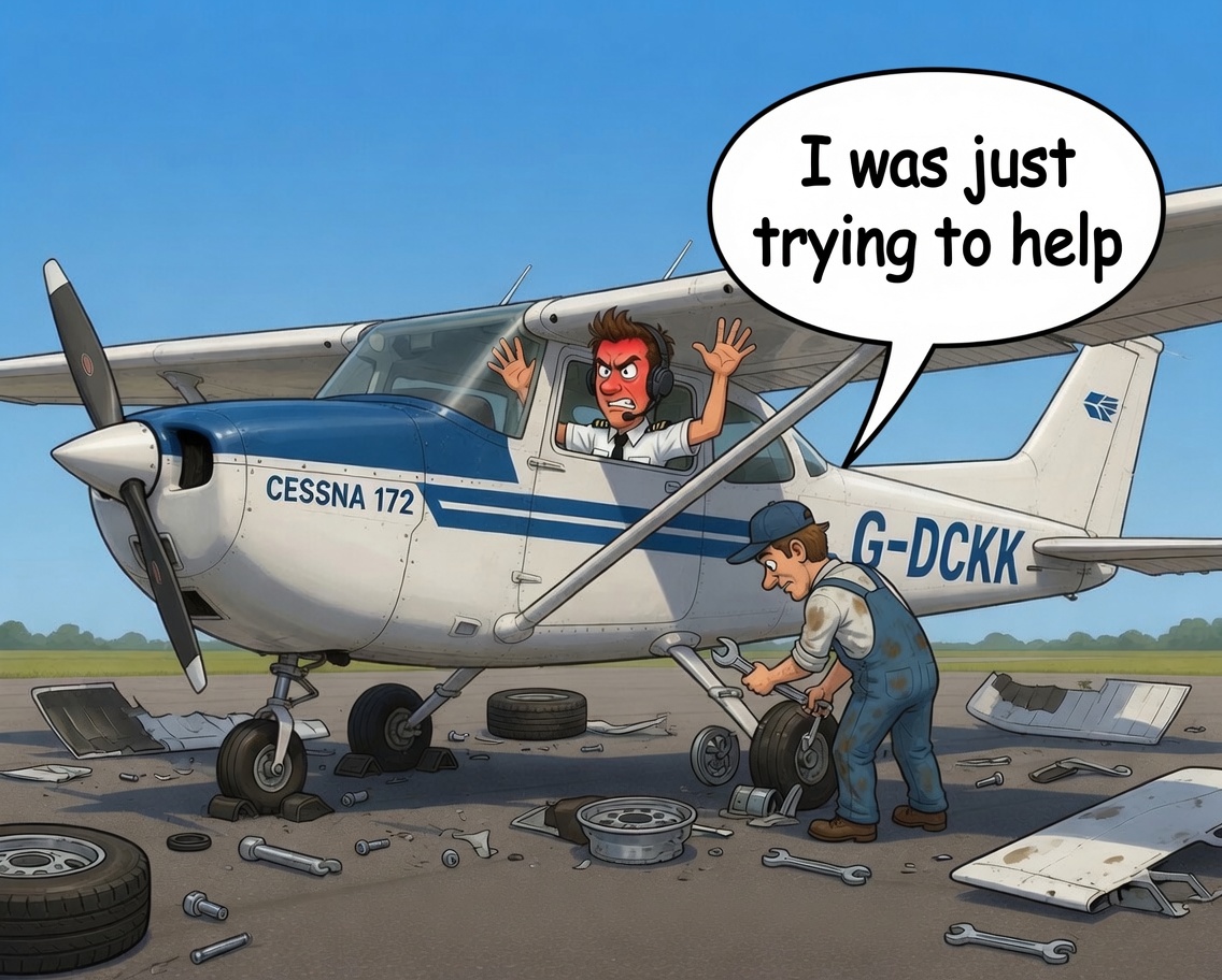 AI generated Cartoon of a stranger in overalls who has dismantled KK, Wayne's Cessna 172 G-DCKK, protesting "I was just trying to help" while Wayne throws his hands up furious in the cockpit, wheels, panels and tools scattered across the apron.
