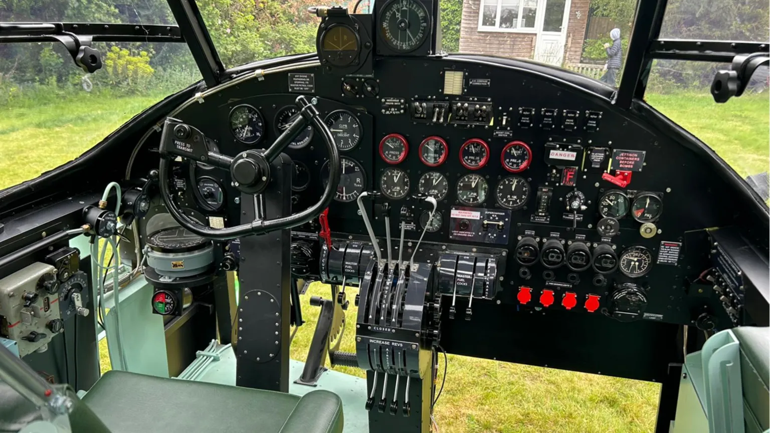 a Full Sized Replica Lancaster Cockpit built in a garden