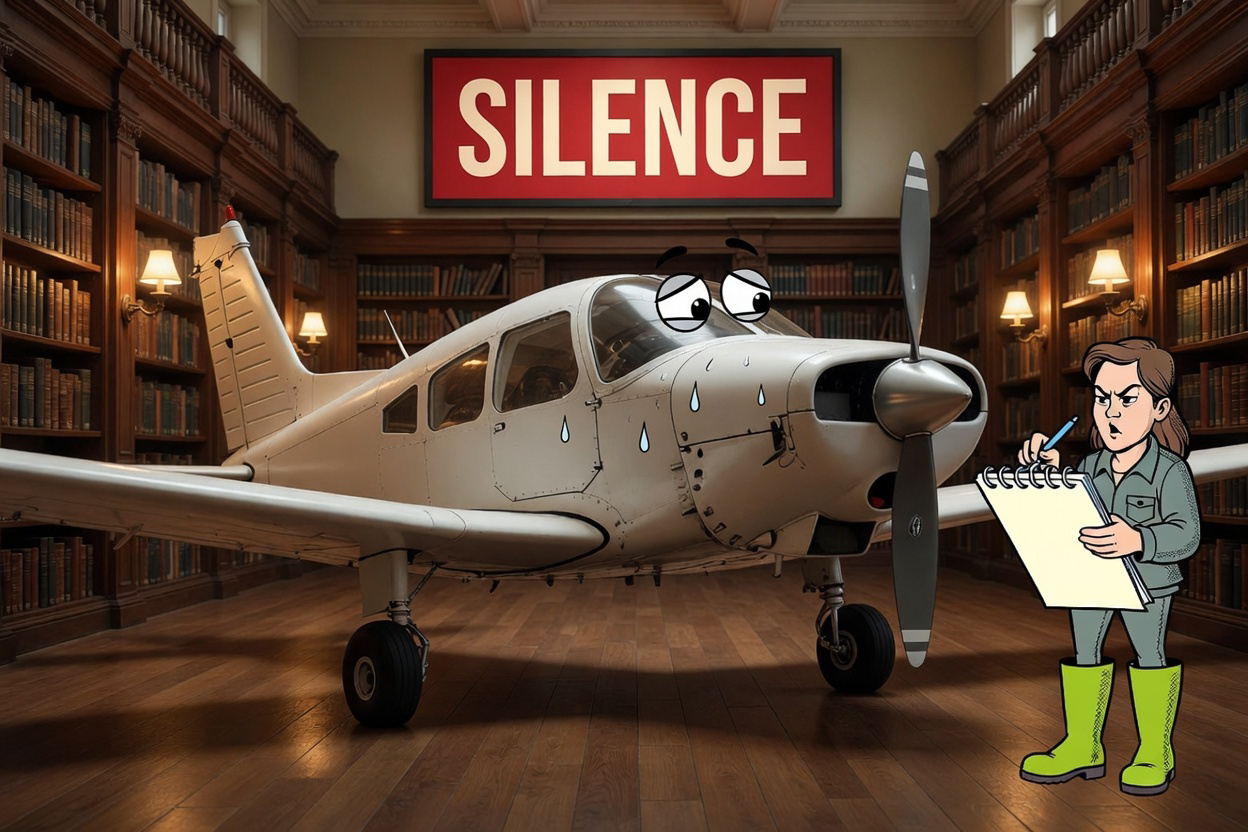 Cartoon Piper PA28 light aircraft sweating with anxious eyes inside a wood-panelled library, beneath a large red SILENCE sign, while a clipboard-wielding noise complainer in green wellies takes notes from the side.