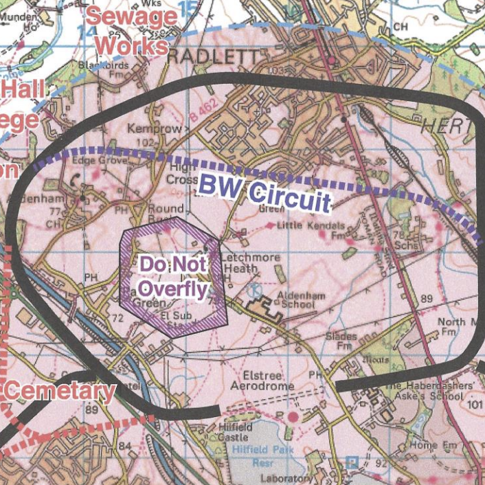 Annotated chart of the Elstree EGTR circuit showing the runway, the circuit pattern flown by light aircraft, and the marked no-overfly zone pilots route around to keep noise away from the residents below.