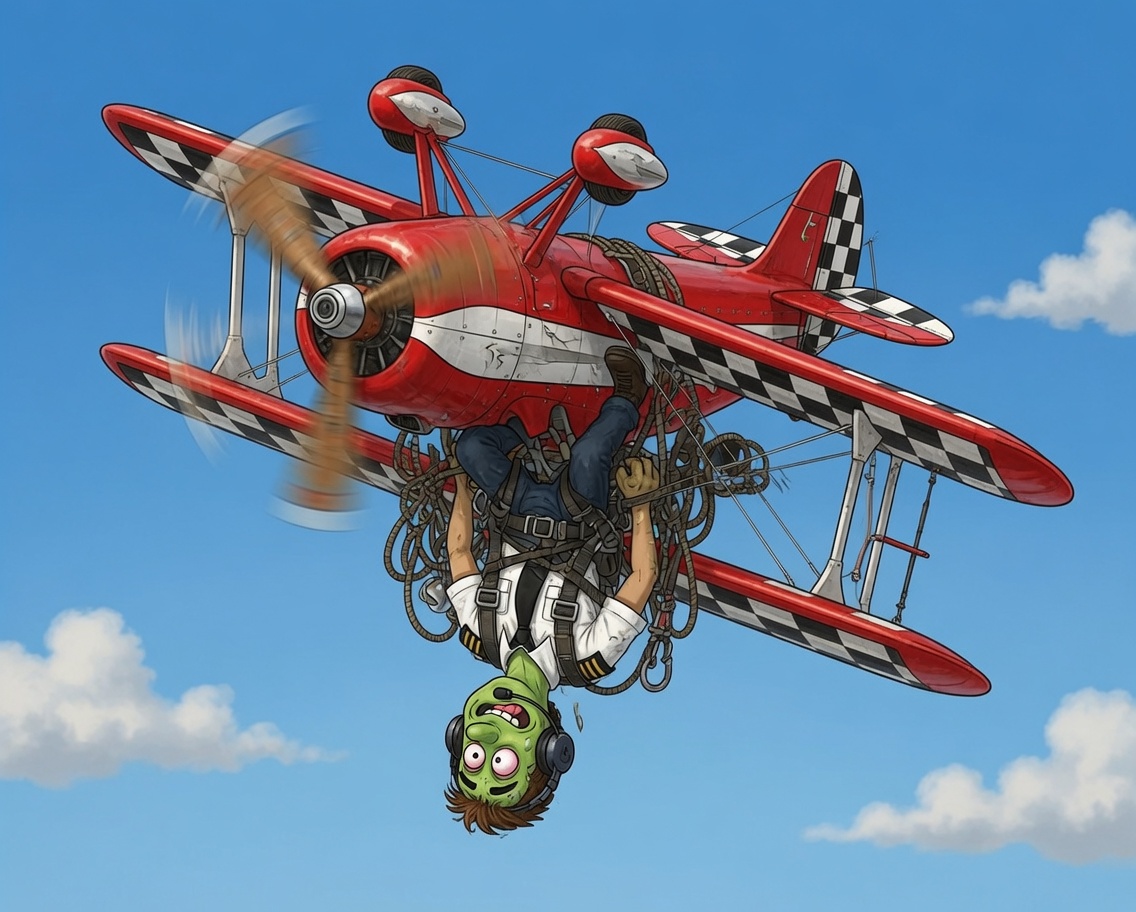 Cartoon of Wayne hanging upside down in a tangle of aerobatic harness straps beneath a checkered biplane, face green with airsickness.