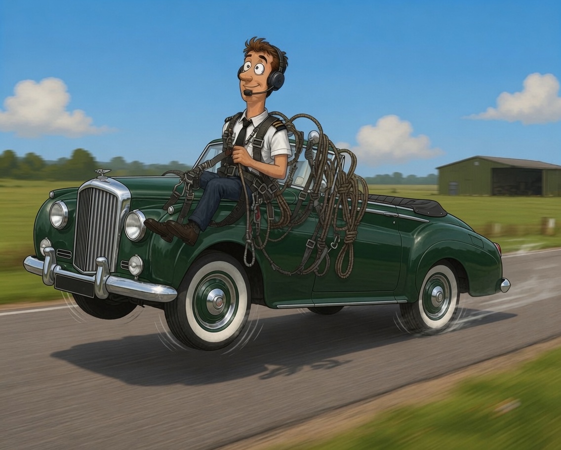 Cartoon of Wayne strapped into a tangle of aviation harnesses and ropes while perched on a speeding classic green British convertible.