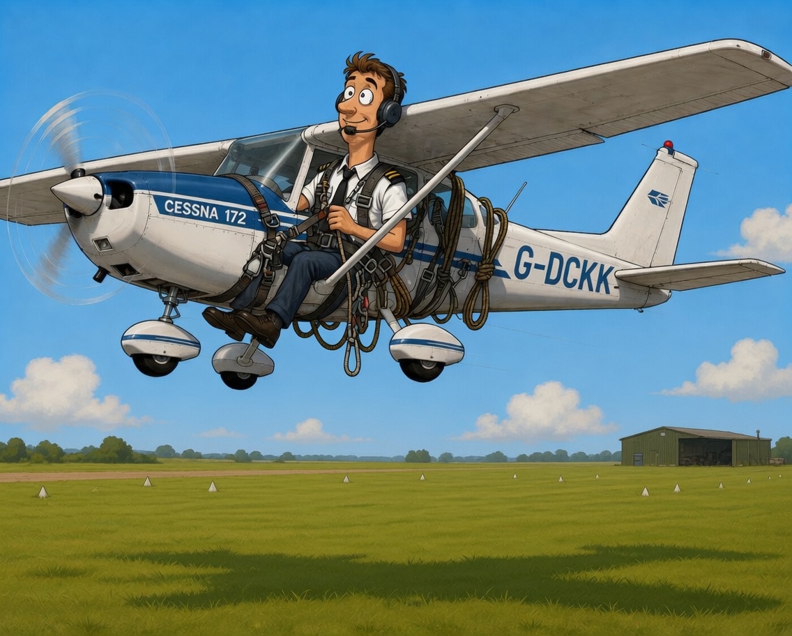 Cartoon of Wayne flying KK, his Cessna 172 G-DCKK, comically strapped into a tangle of harnesses and ropes with no cockpit around him.