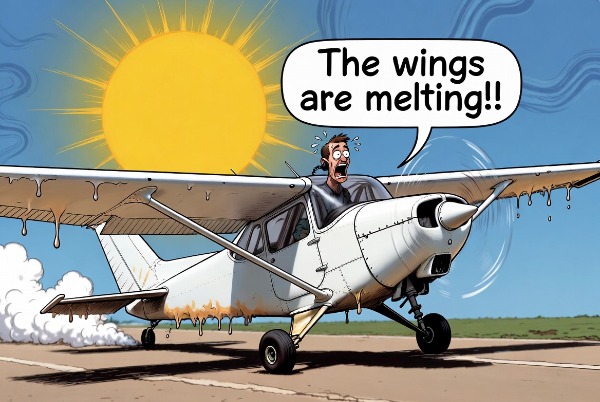 Cartoon Cessna sagging in fierce sunshine with its wings dripping like melted wax, the wide-eyed pilot yelling "The wings are melting!!"